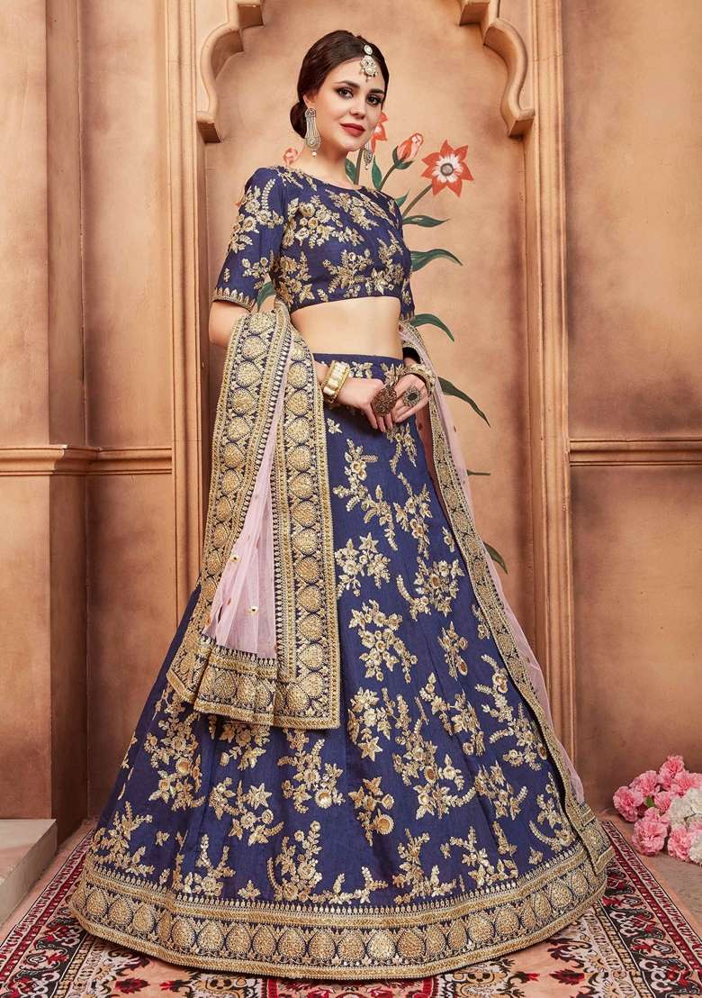 Navy Blue Embroidery Silk Blend Lehenga Set for Diwali and Festive Wear - Indya