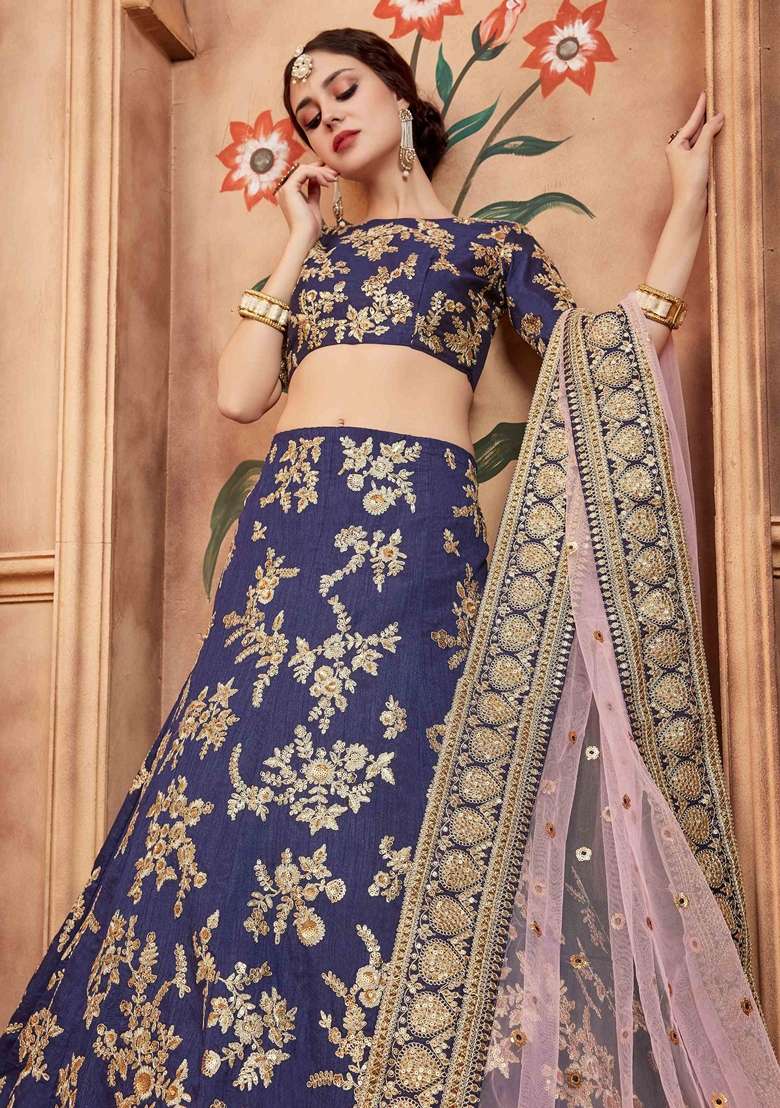 Navy Blue Embroidery Silk Blend Lehenga Set for Diwali and Festive Wear - Indya