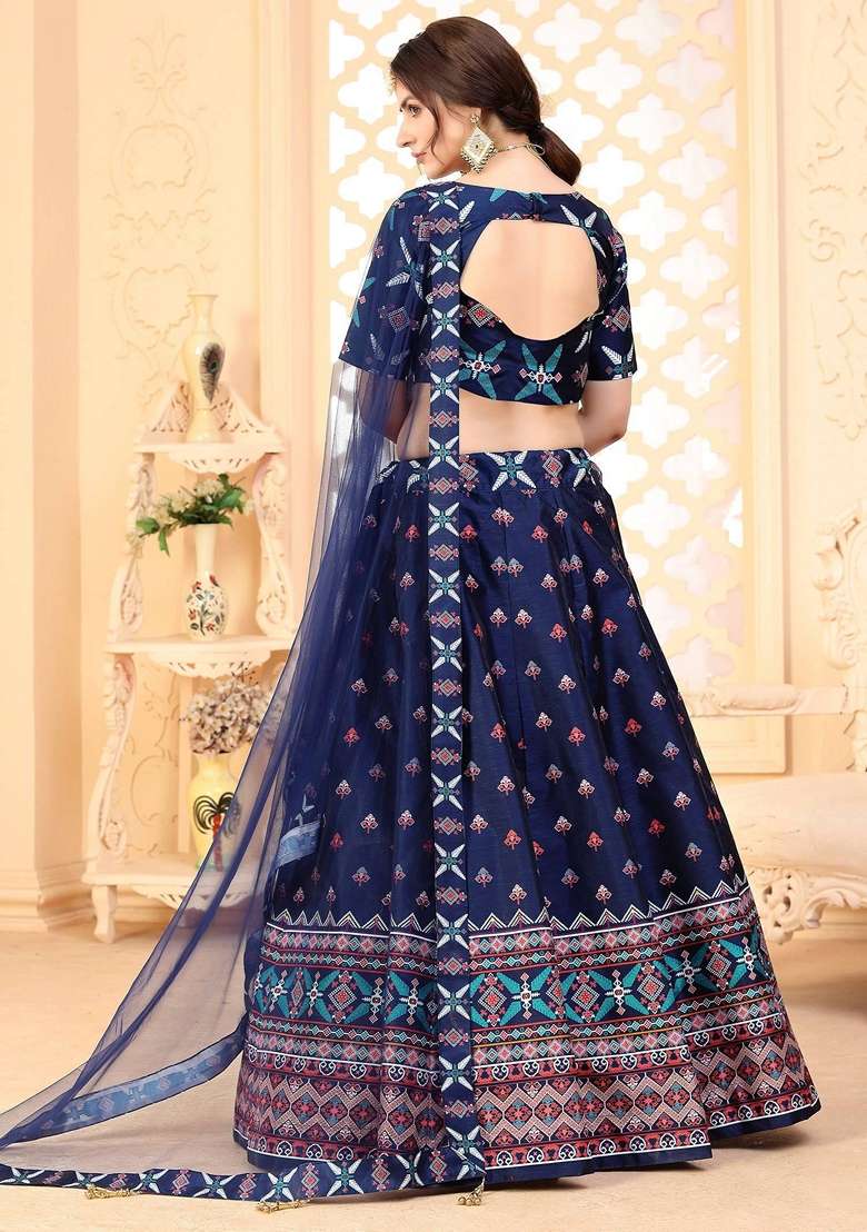 Navy Blue Silk Blend Lehenga Set with Printed for Diwali | Wedding & Festive Wear - Indya