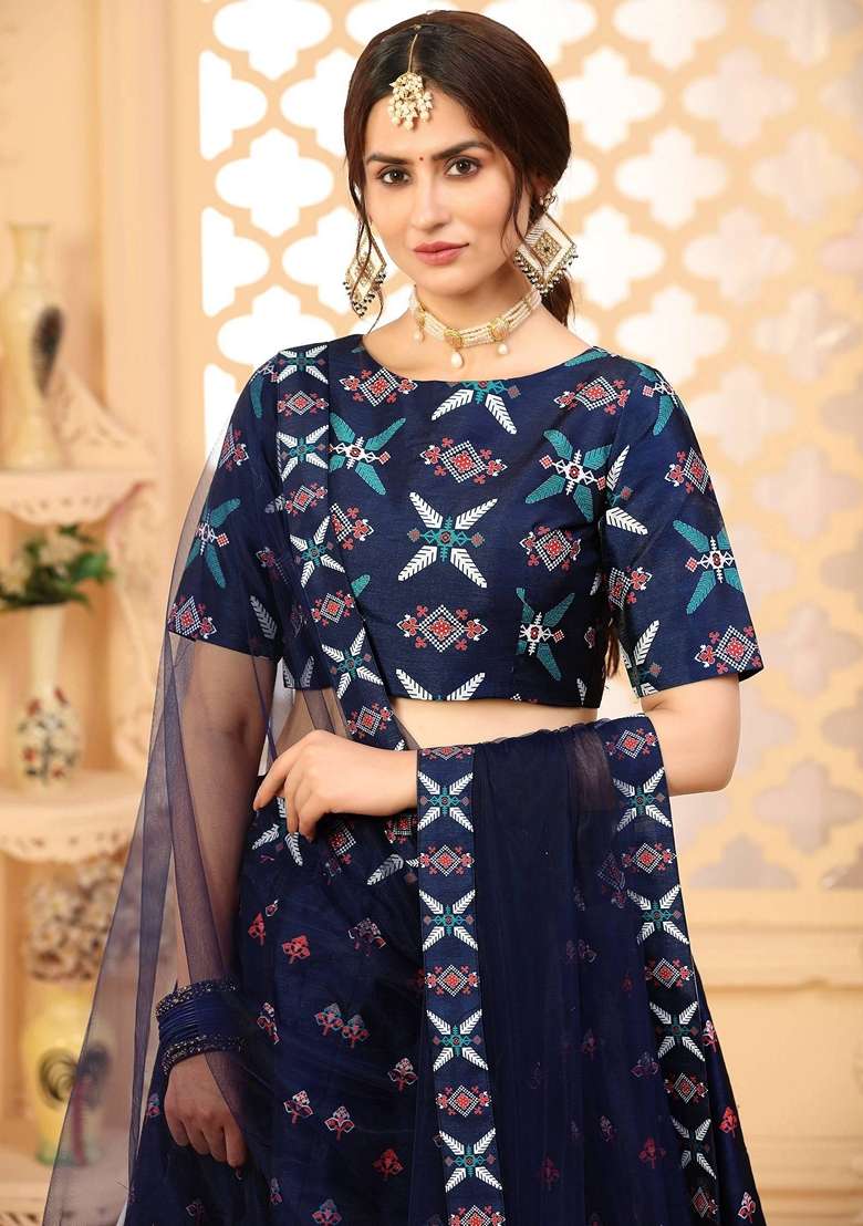 Navy Blue Silk Blend Lehenga Set with Printed for Diwali | Wedding & Festive Wear - Indya