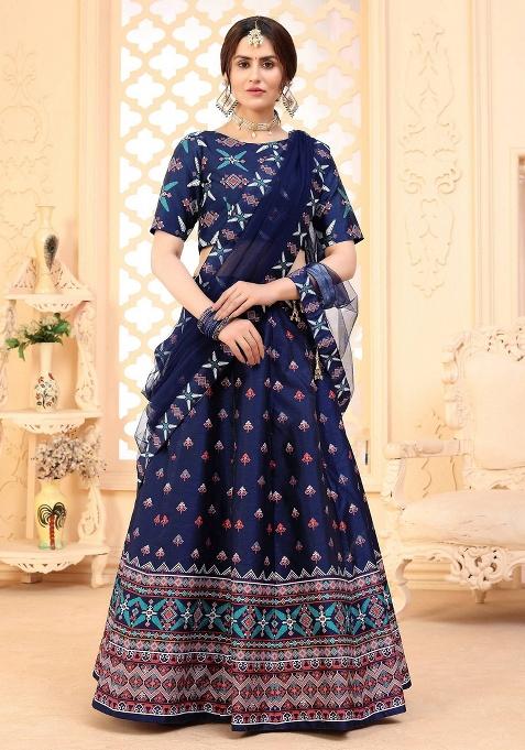 Navy Blue Printed Silk Lehenga Set
