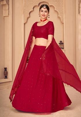 Red Embroidery Georgette Lehenga Set