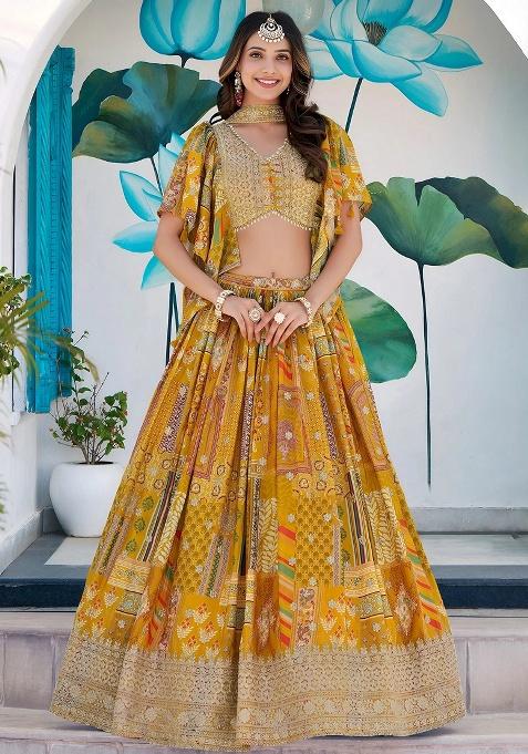 Yellow Embroidery Chinon Lehenga Set — view on Indya
