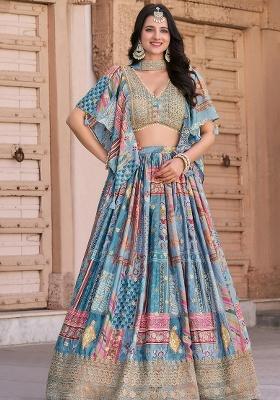 Sky Blue Embroidery Chinon Lehenga Set