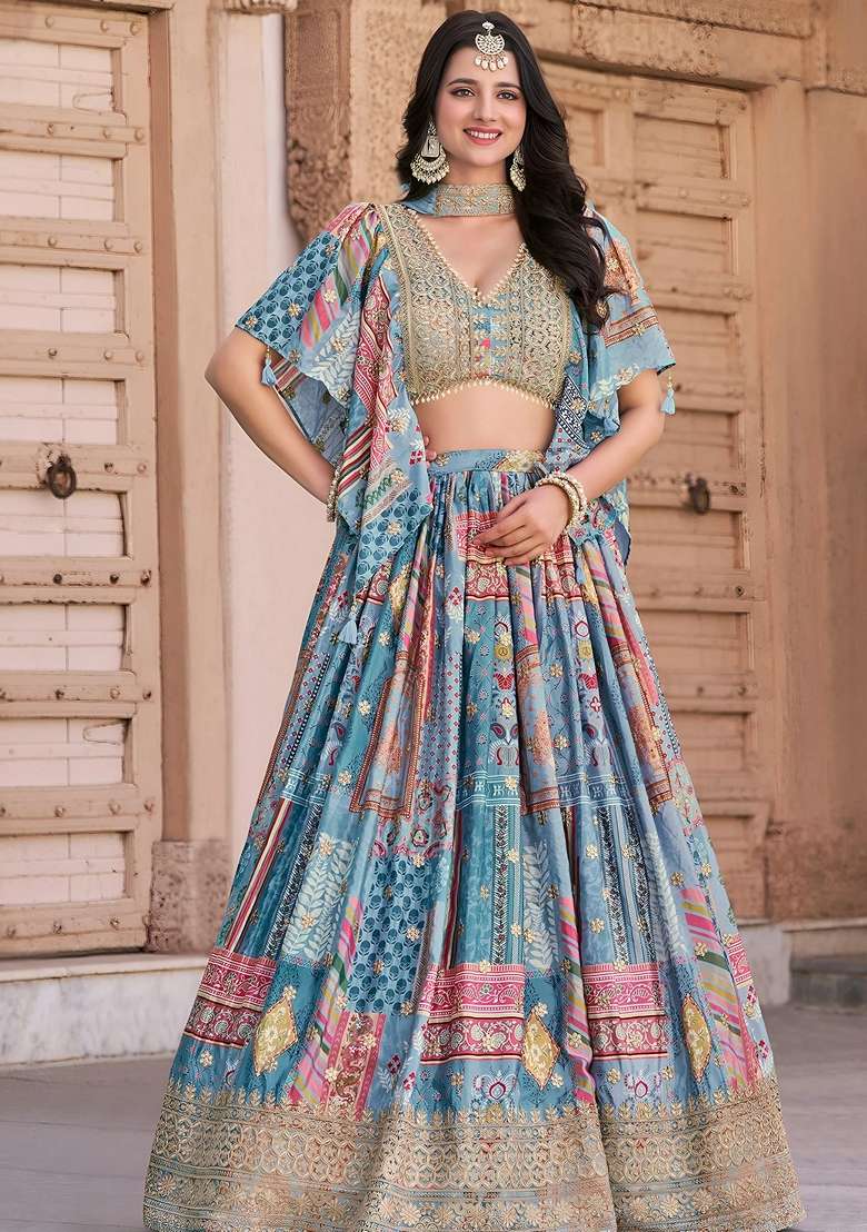 Sky Blue Embroidery Chinon Lehenga Set for Diwali and Festive Wear - Indya