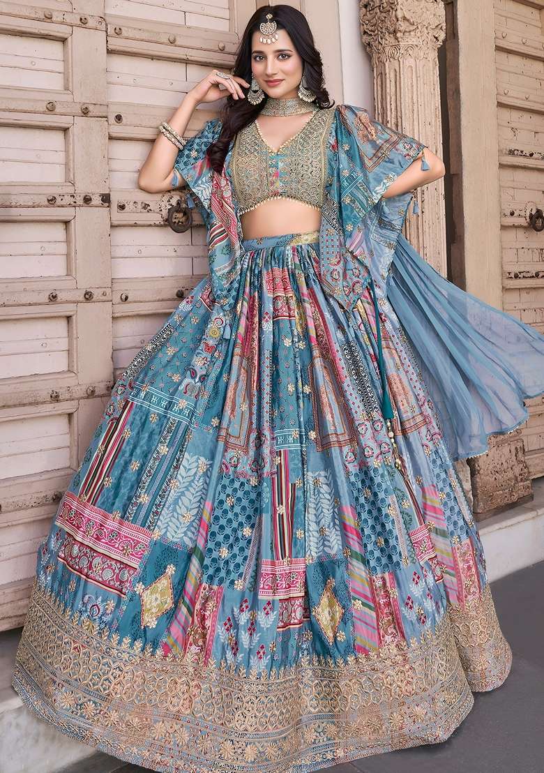 Sky Blue Embroidery Chinon Lehenga Set for Diwali and Festive Wear - Indya