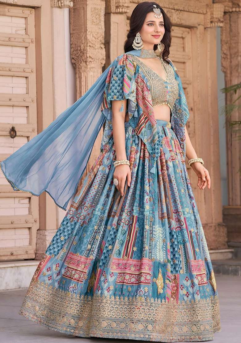 Sky Blue Embroidery Chinon Lehenga Set for Diwali and Festive Wear - Indya