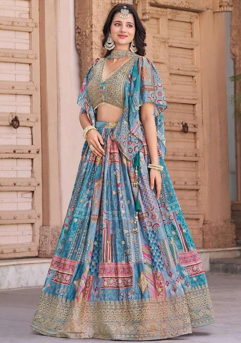 Sky Blue Embroidery Chinon Lehenga Set for Diwali and Festive Wear - Indya