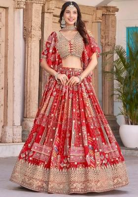 Red Embroidery Chinon Lehenga Set