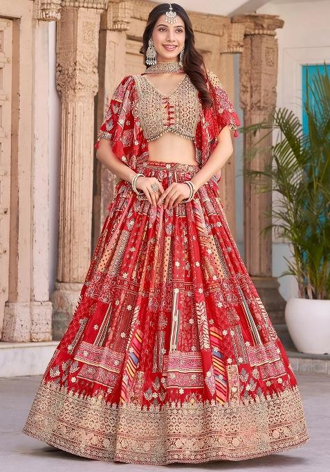 Red Embroidery Chinon Lehenga Set