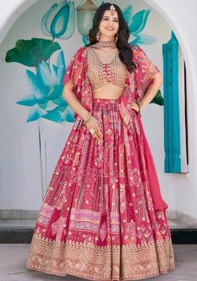 Pink Embroidery Chinon Lehenga Set