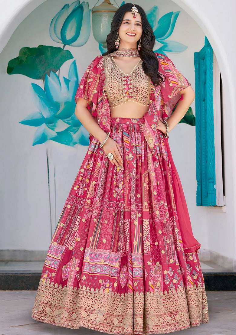Pink Chinon Lehenga Set with Embroidery for Diwali | Wedding & Festive Wear - Indya