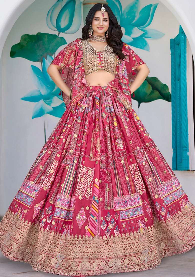 Pink Chinon Lehenga Set with Embroidery for Diwali | Wedding & Festive Wear - Indya