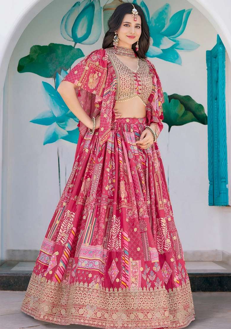 Pink Chinon Lehenga Set with Embroidery for Diwali | Wedding & Festive Wear - Indya