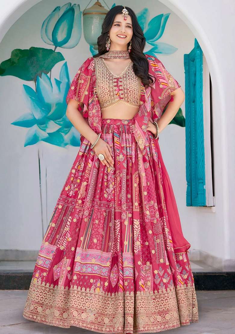 Pink Chinon Lehenga Set with Embroidery for Diwali | Wedding & Festive Wear - Indya