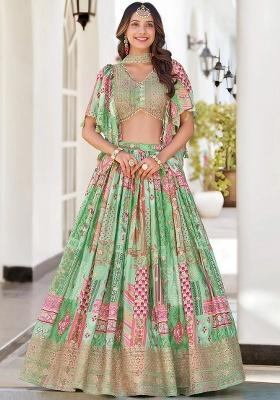Green Embroidery Chinon Lehenga Set