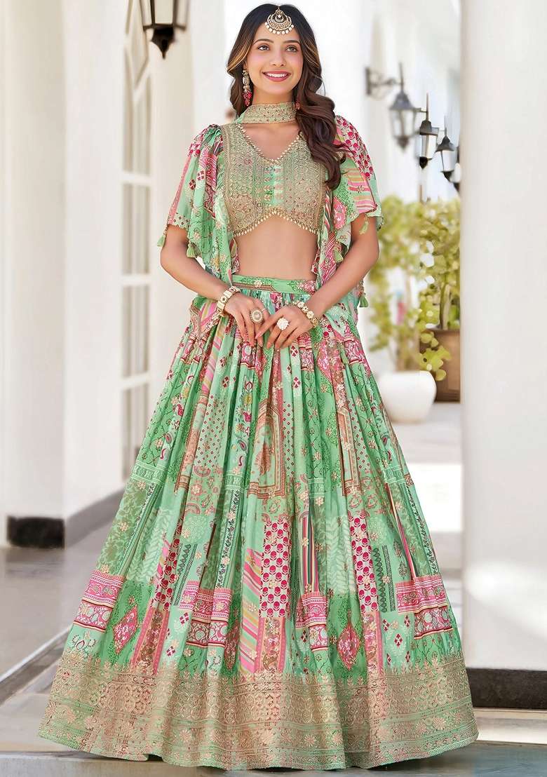 Green Chinon Lehenga Set with Embroidery for Diwali | Wedding & Festive Wear - Indya