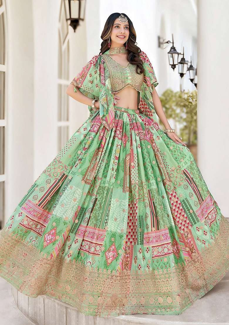 Green Chinon Lehenga Set with Embroidery for Diwali | Wedding & Festive Wear - Indya
