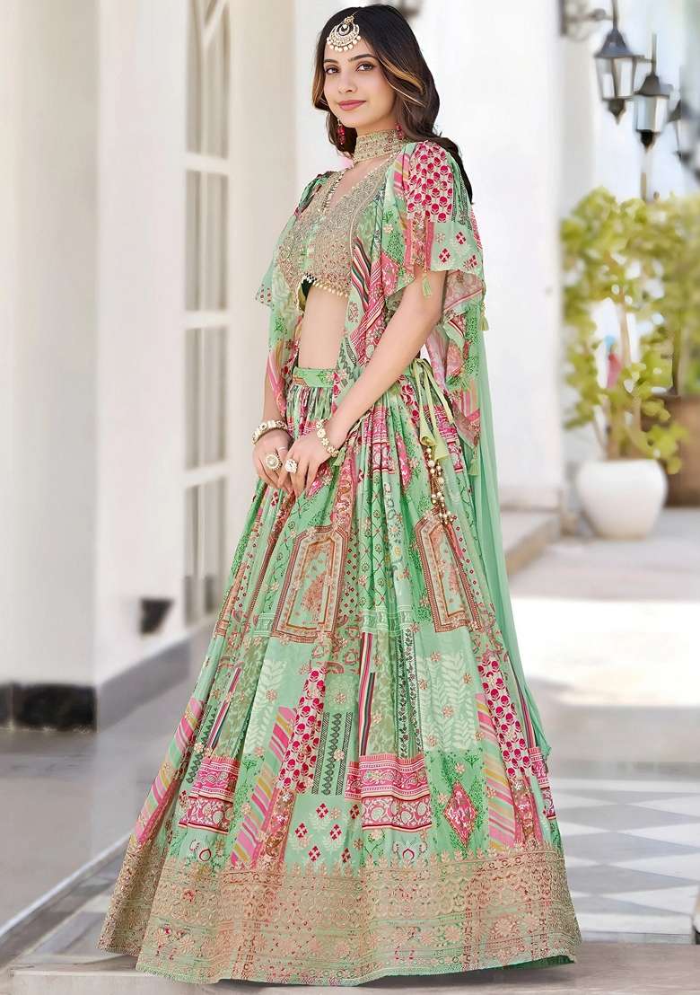 Green Chinon Lehenga Set with Embroidery for Diwali | Wedding & Festive Wear - Indya