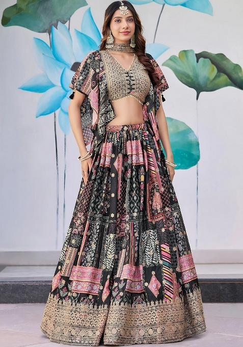 Black Embroidery Chinon Lehenga Set