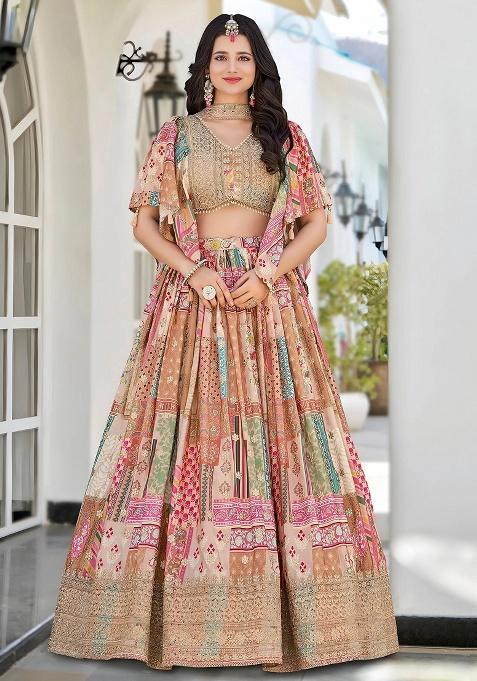 Beige Embroidery Chinon Lehenga Set