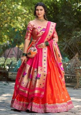 Orange Sequins Silk Lehenga Set
