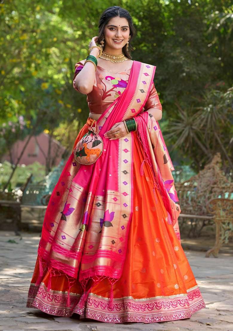Orange Silk Blend Lehenga Set with Sequins for Diwali | Wedding & Festive Wear - Indya