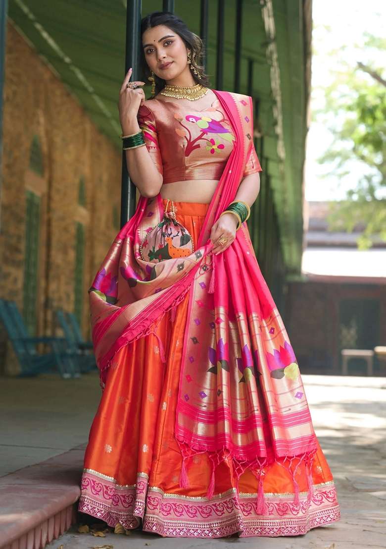 Orange Silk Blend Lehenga Set with Sequins for Diwali | Wedding & Festive Wear - Indya