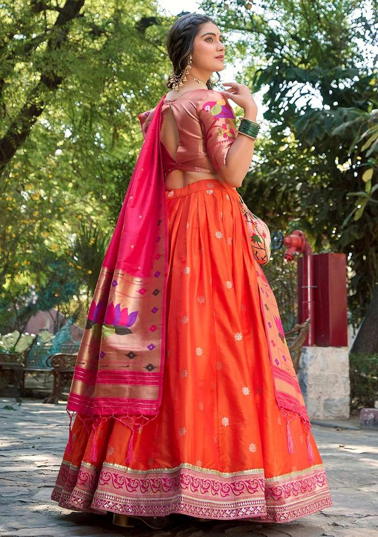 Orange Silk Blend Lehenga Set with Sequins for Diwali | Wedding & Festive Wear - Indya