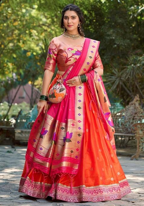 Orange Sequins Silk Lehenga Set — view on Indya