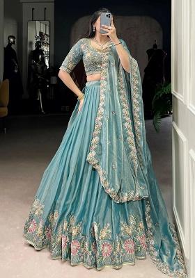 Sky Blue Embroidery Organza Lehenga Set