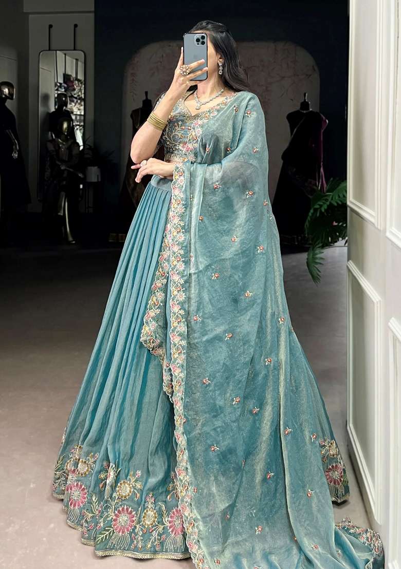 Sky Blue Embroidery Organza Lehenga Set for Diwali and Festive Wear - Indya