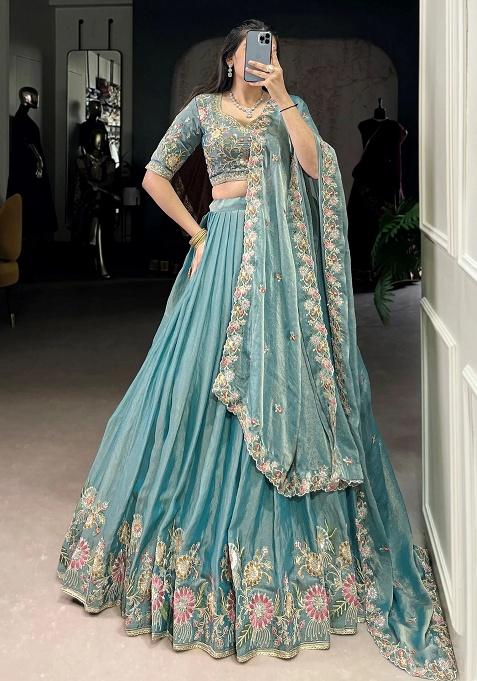 Sky Blue Embroidery Organza Lehenga Set — view on Indya