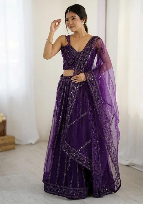 Wine Embroidery Net Lehenga Set