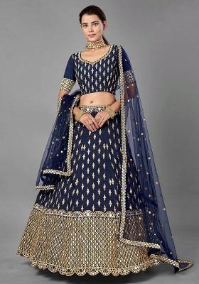 Navy Blue Zari Work Silk Lehenga Set