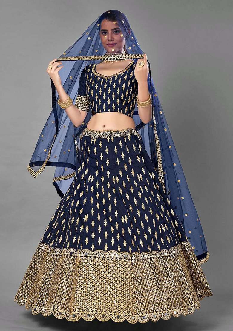 Navy Blue Silk Blend Lehenga Set with Zari Work for Diwali | Wedding & Festive Wear - Indya
