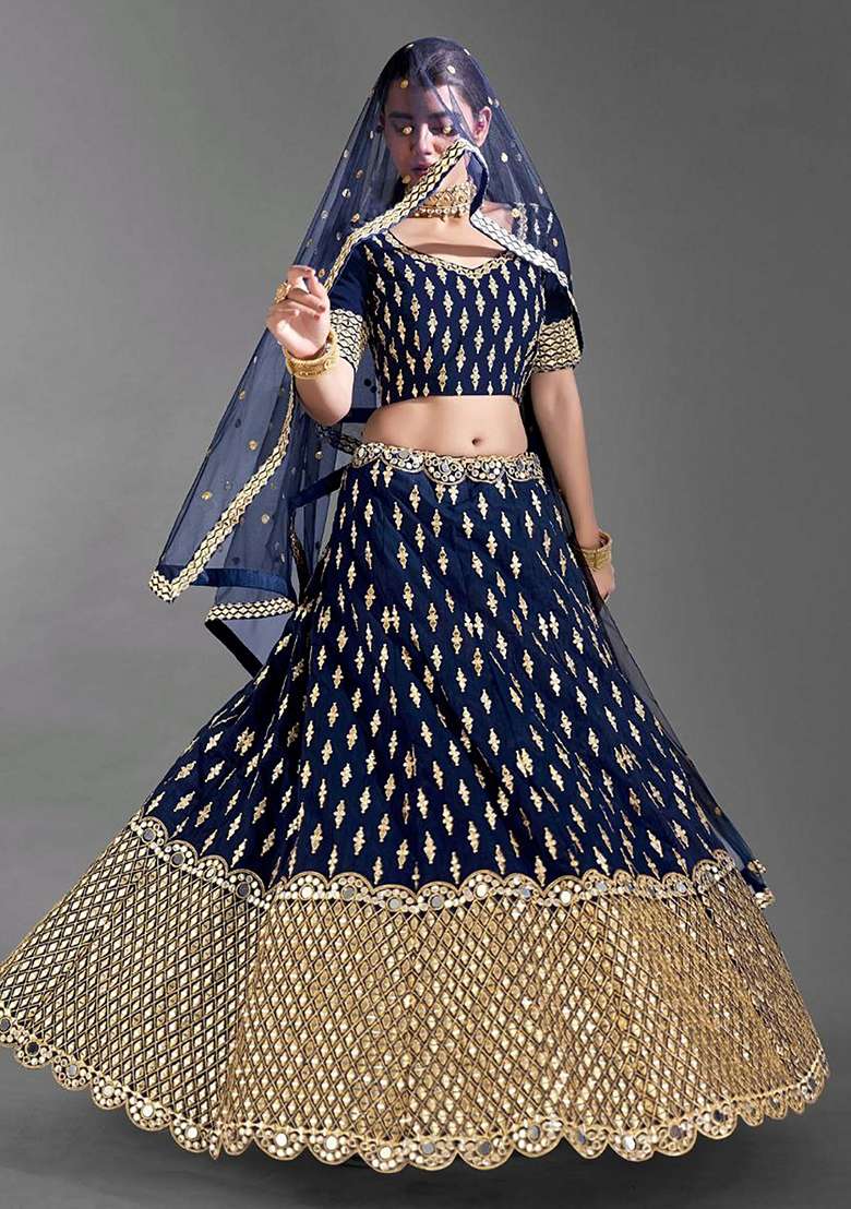 Navy Blue Silk Blend Lehenga Set with Zari Work for Diwali | Wedding & Festive Wear - Indya