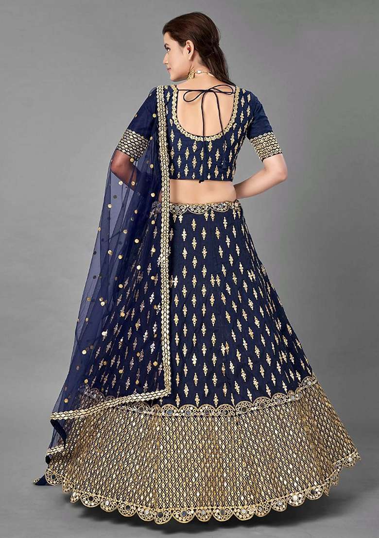 Navy Blue Silk Blend Lehenga Set with Zari Work for Diwali | Wedding & Festive Wear - Indya