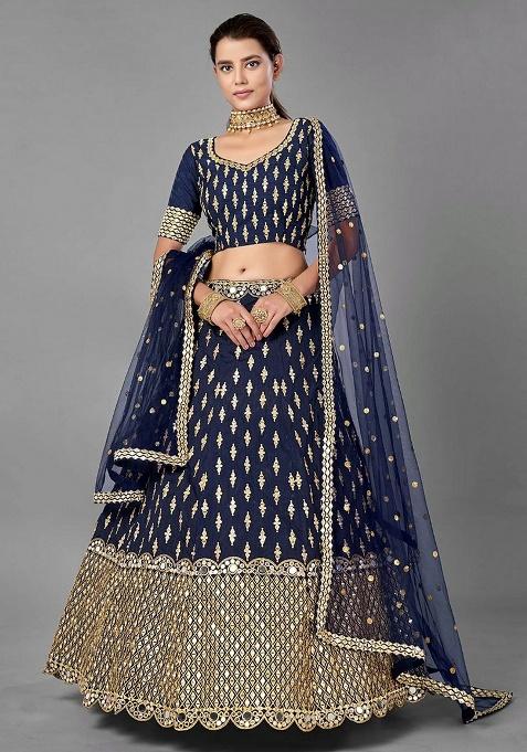 Navy Blue Zari Work Silk Blend Lehenga Set