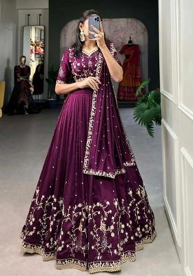 Wine Embroidery Silk Lehenga Set
