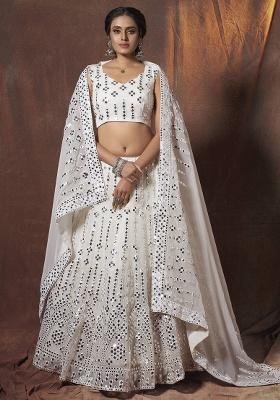White Mirror Work Georgette Lehenga Set