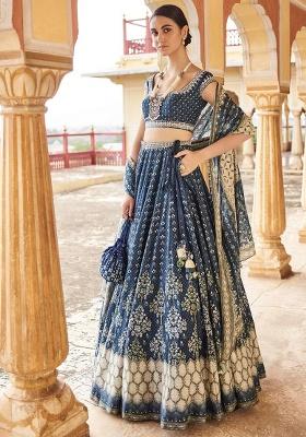 Navy Blue Printed Silk Blend Lehenga Set