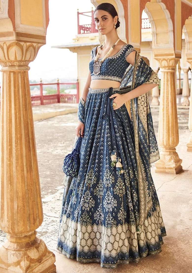 Navy Blue Silk Blend Lehenga Set with Printed for Diwali | Wedding & Festive Wear - Indya