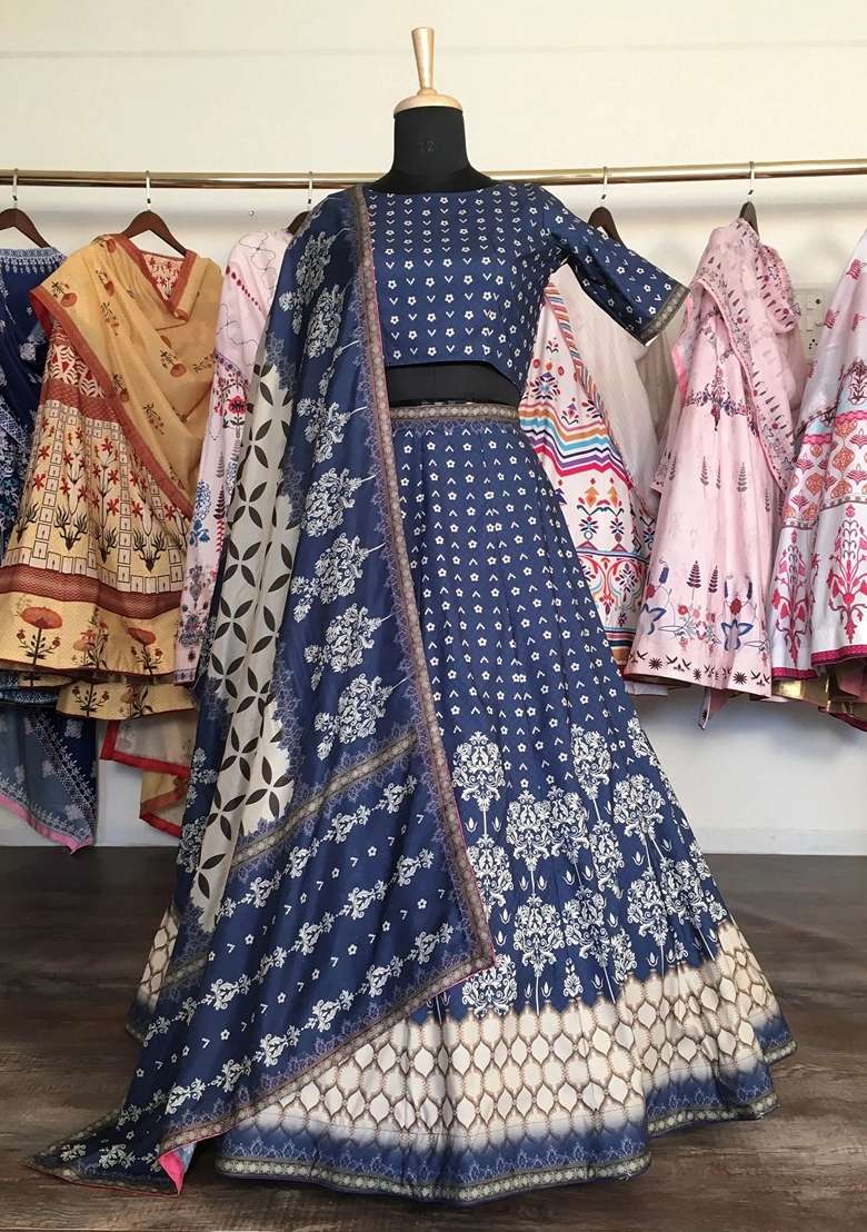 Navy Blue Silk Blend Lehenga Set with Printed for Diwali | Wedding & Festive Wear - Indya