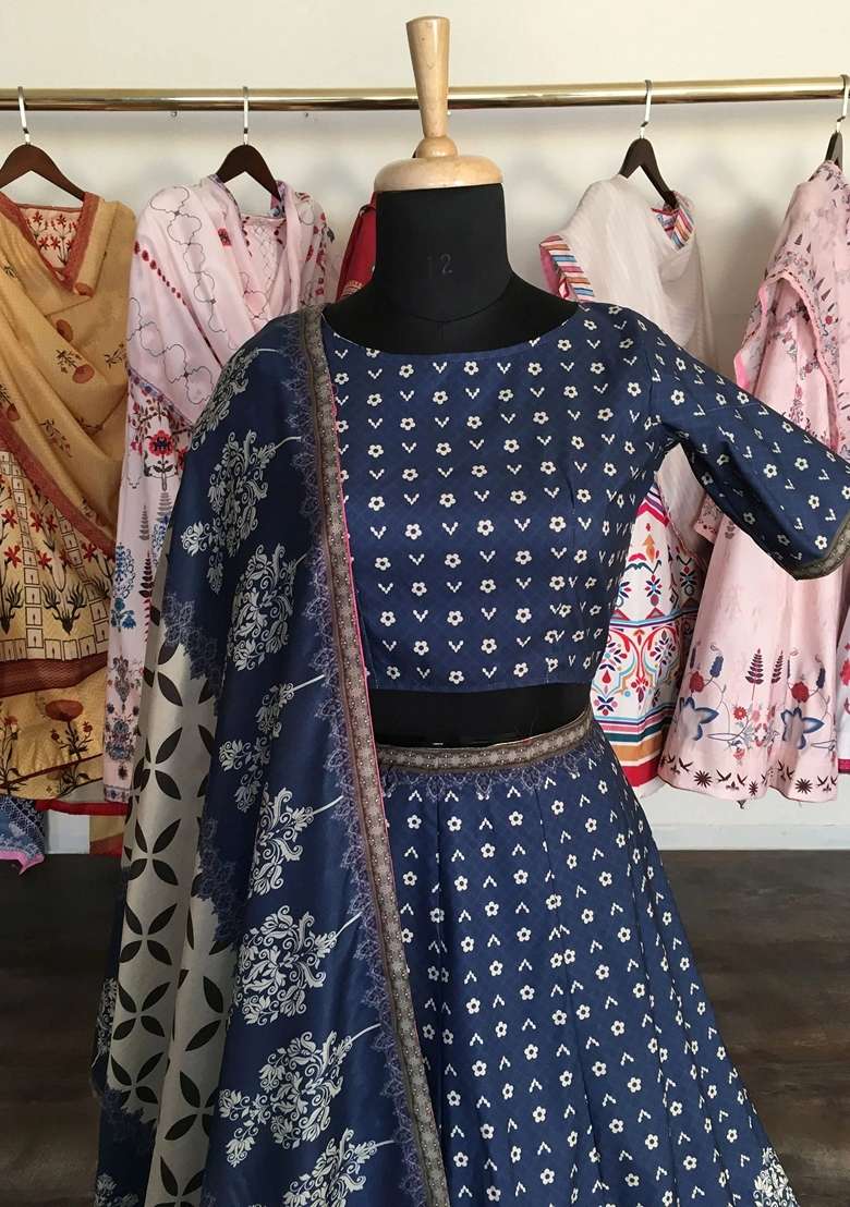 Navy Blue Silk Blend Lehenga Set with Printed for Diwali | Wedding & Festive Wear - Indya