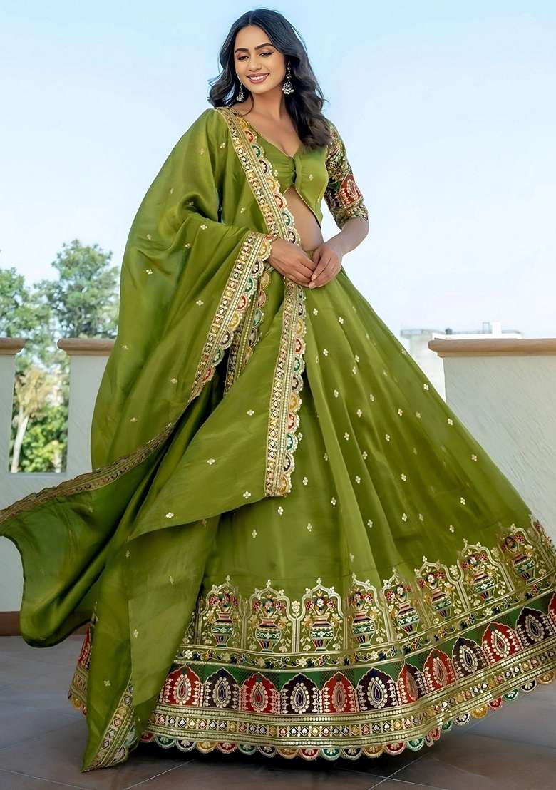 Green Embroidery Silk Blend Lehenga Set for Diwali and Festive Wear - Indya
