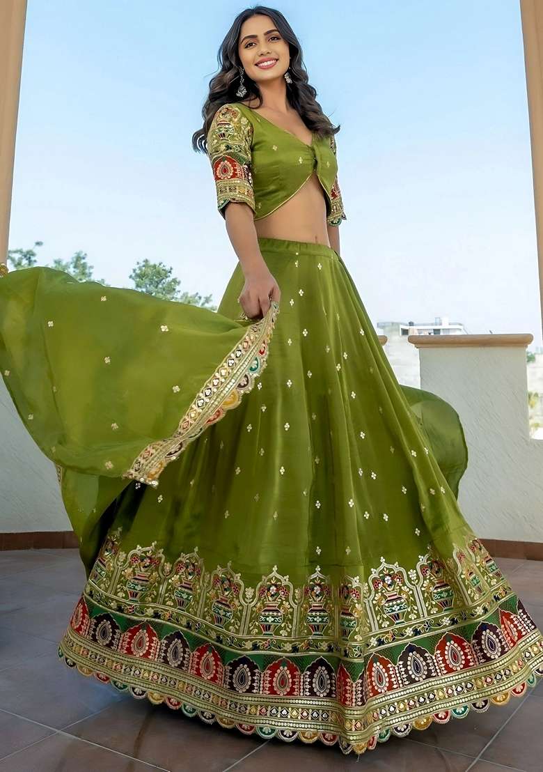 Green Embroidery Silk Blend Lehenga Set for Diwali and Festive Wear - Indya