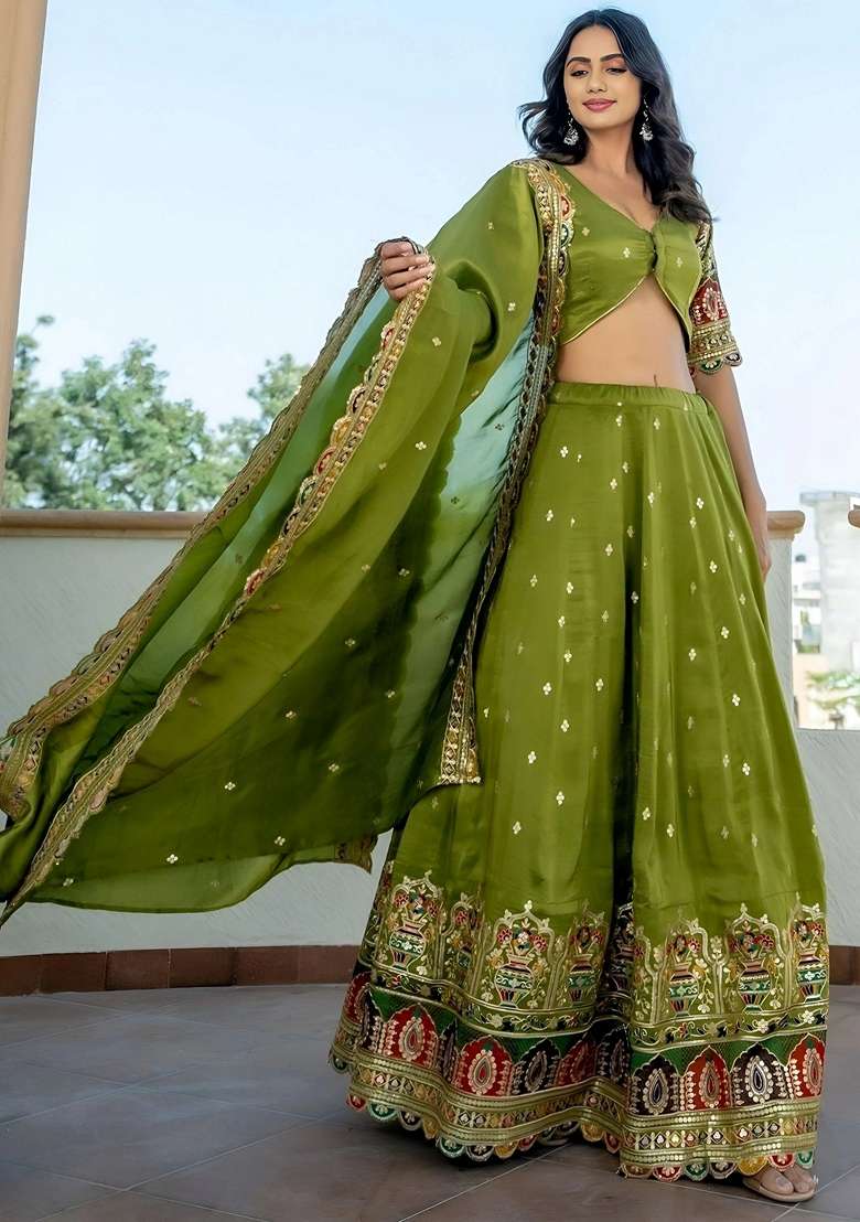 Green Embroidery Silk Blend Lehenga Set for Diwali and Festive Wear - Indya