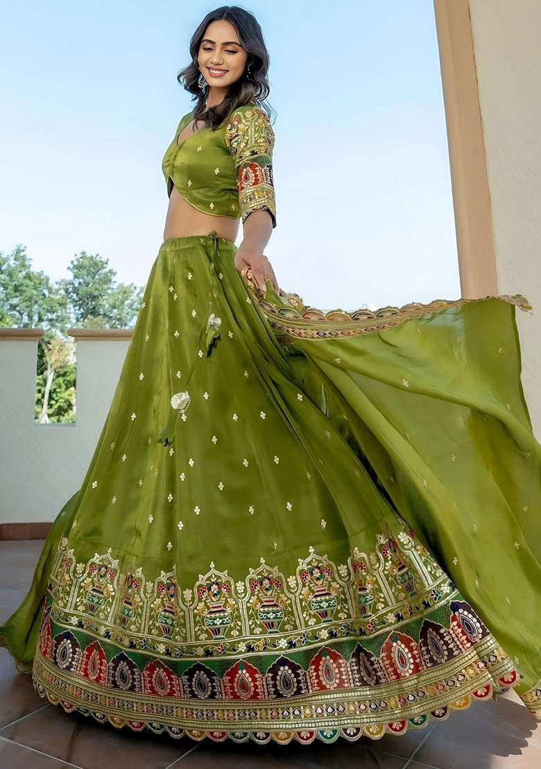 Green Embroidery Silk Blend Lehenga Set for Diwali and Festive Wear - Indya