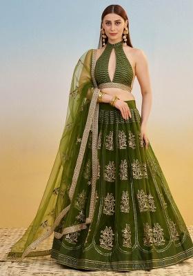 Green Embroidery Net Lehenga Set